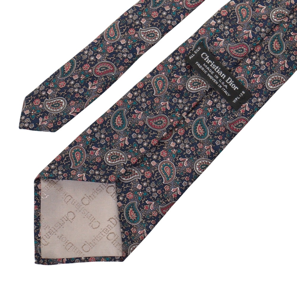 VTG Christian Dior Tie Paisley Floral 100% Silk Navy USA 3.5"W x 56"L